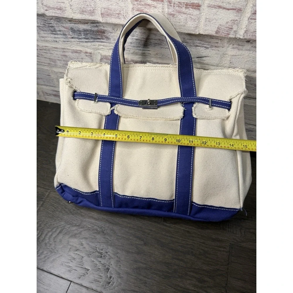Sunwin Madaket Classic Large Tote Bag Canvas Natural with Blue Trim Silver